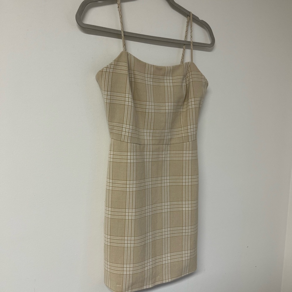 Wilfred Aritzia Isabelle Plaid Mini Dress Tan Cream Slip Cami Size 4 - Picture 3 of 11